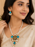 Handcrafted Meenakari pendant and baroque pearl strand necklace with matching drop earrings
