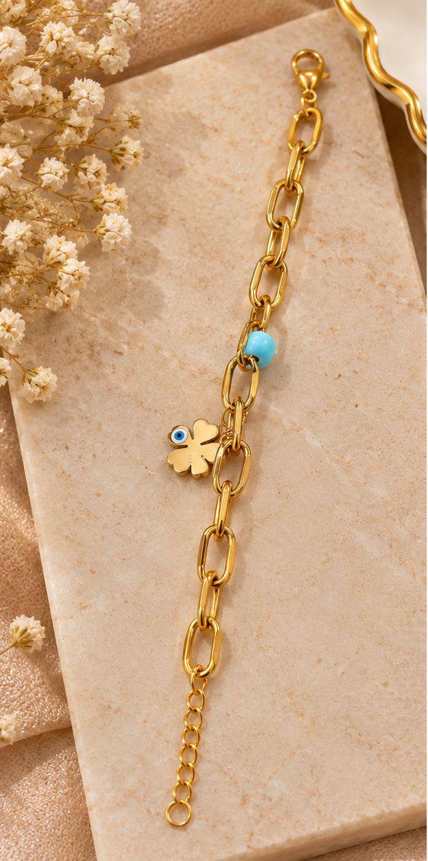 Evil eye clover paperclip charm bracelet