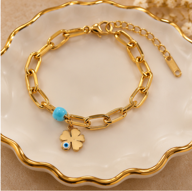 Evil eye clover paperclip charm bracelet