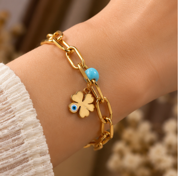 Evil eye clover paperclip charm bracelet