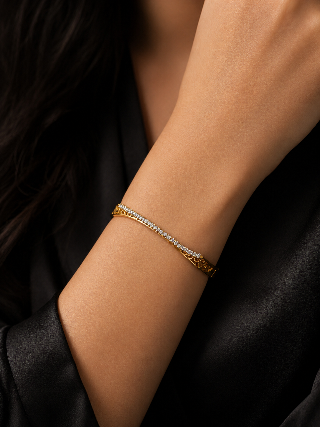 Dual-tone curved diamond bangle bracelet,
