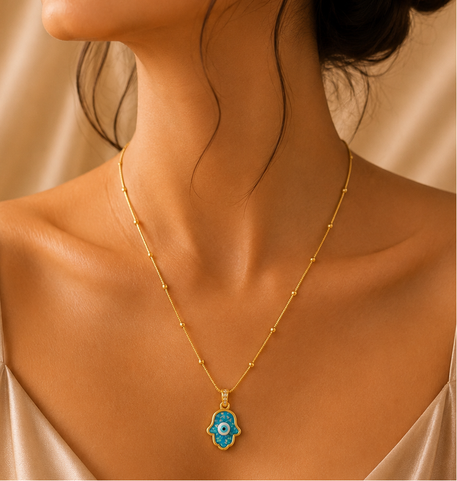 Blue Opal Hamsa Hand Evil Eye Pendant Necklace