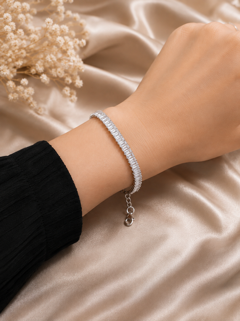 Elegant silver-toned baguette tennis bracelet