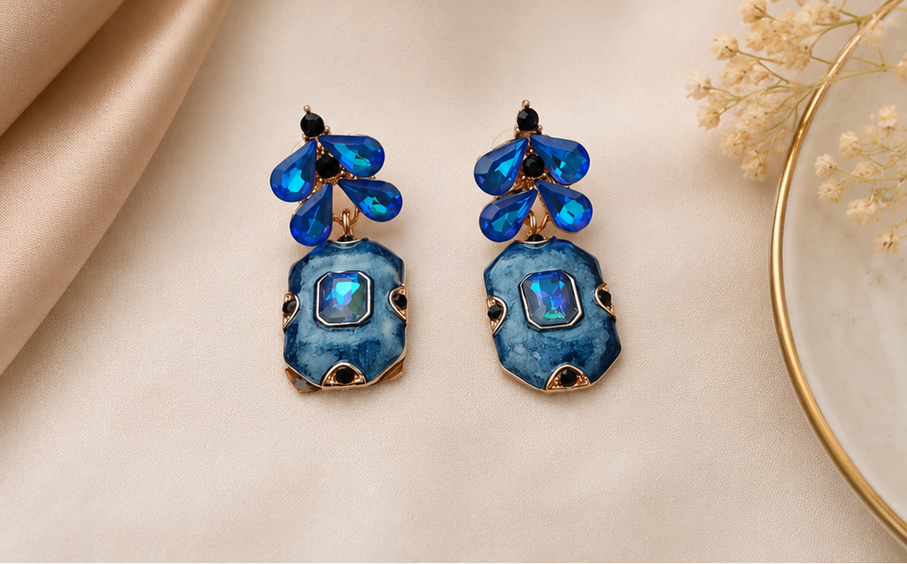 Women's vintage-inspired blue enamel crystal drop earrings