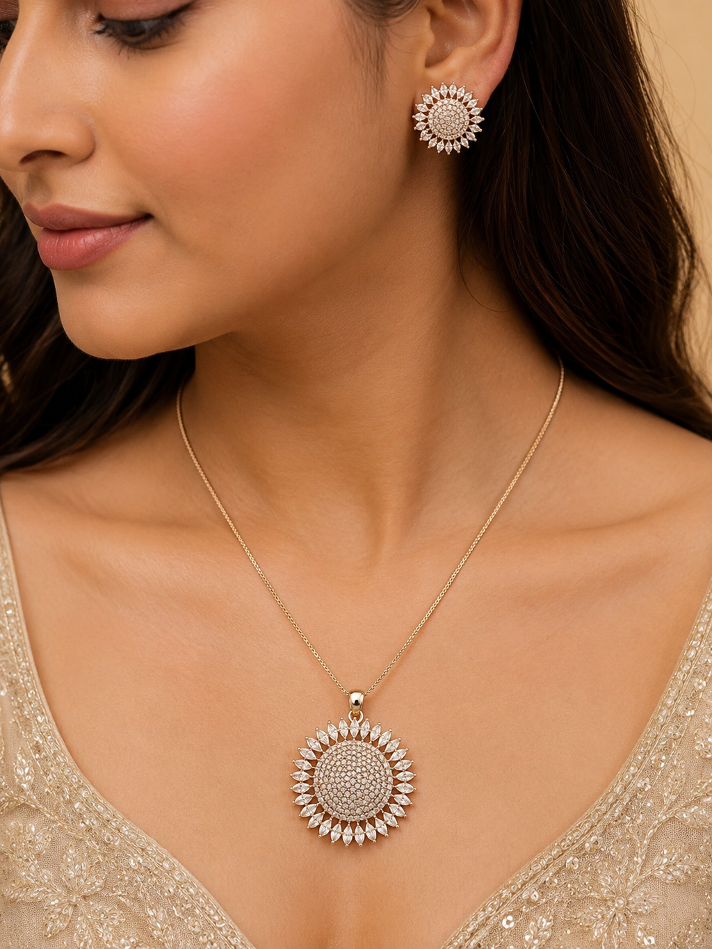 Radiant Sunburst American Diamond Pendant Set