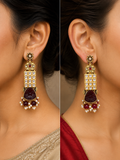 Antique Gold Royal Maroon Carved Drop Earrings