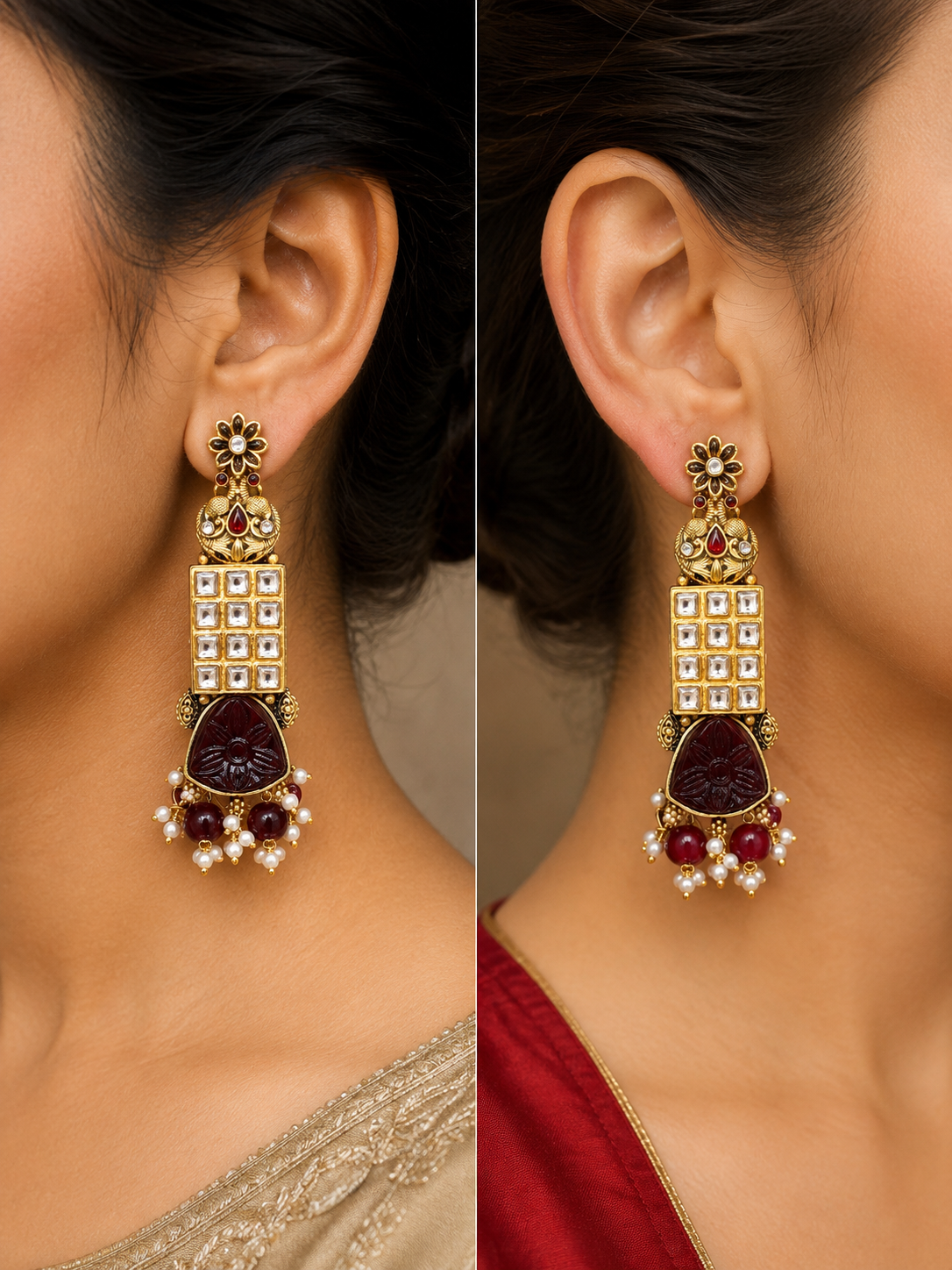 Antique Gold Royal Maroon Carved Drop Earrings
