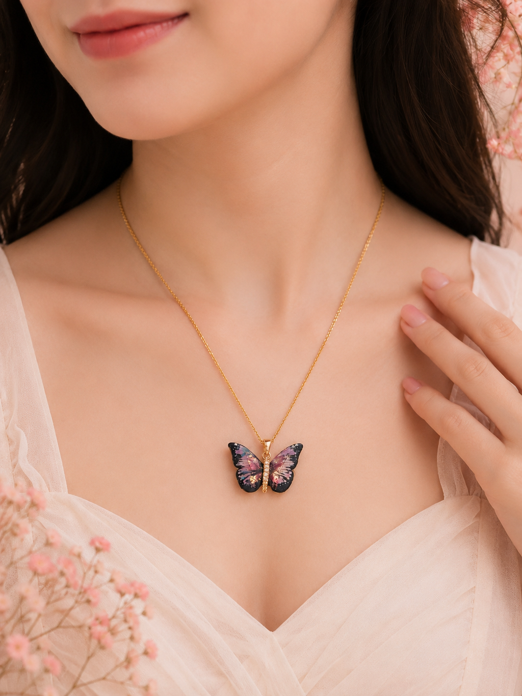 Multicolor Resin Butterfly Pendant Necklace