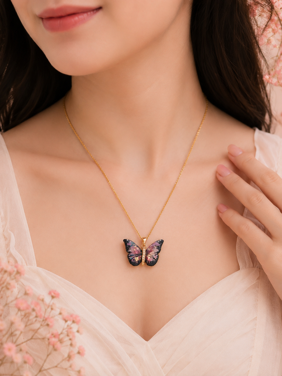 Multicolor Resin Butterfly Pendant Necklace