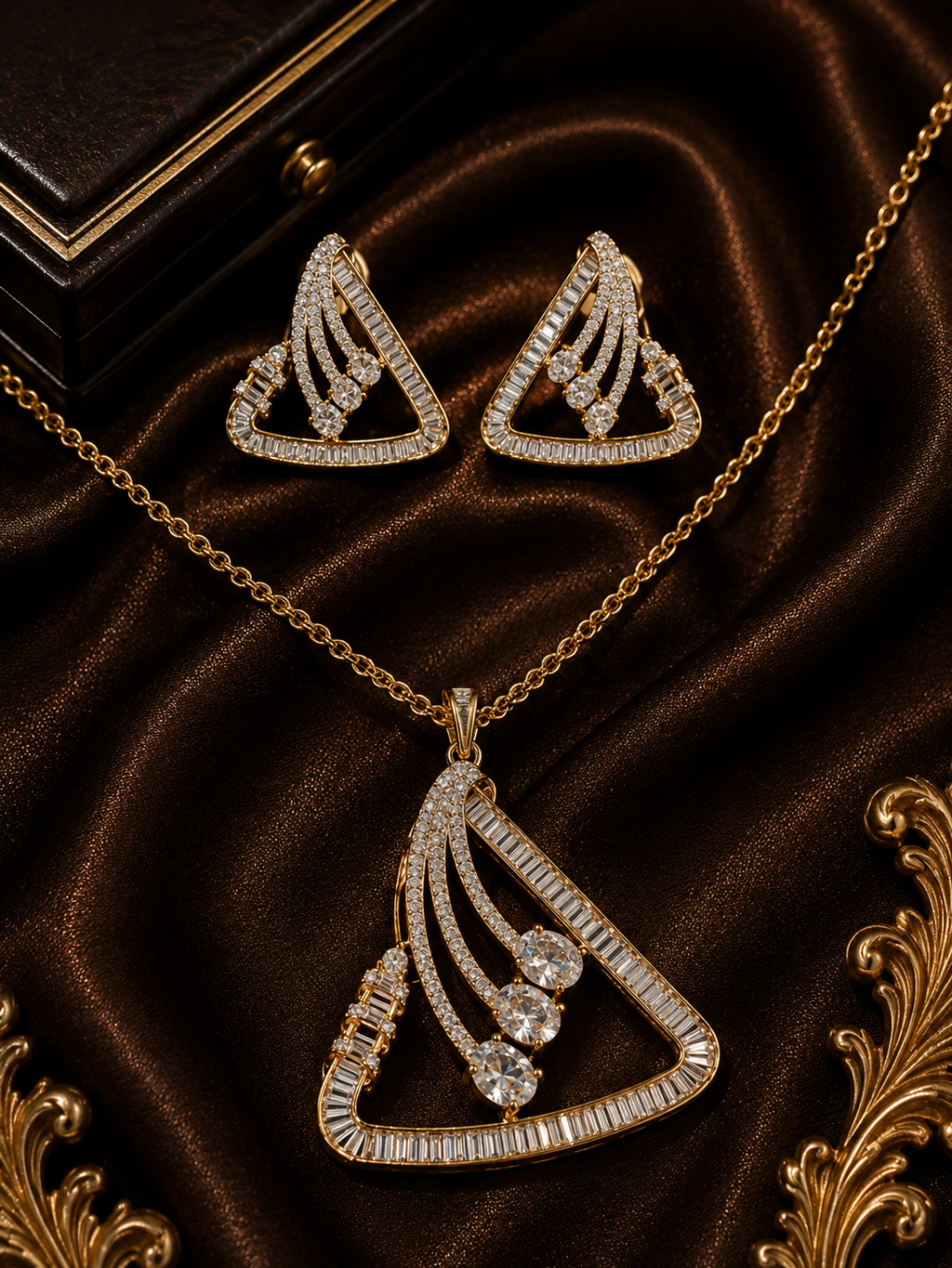 Gold-Plated Triangular  American Diamond Pendant Set