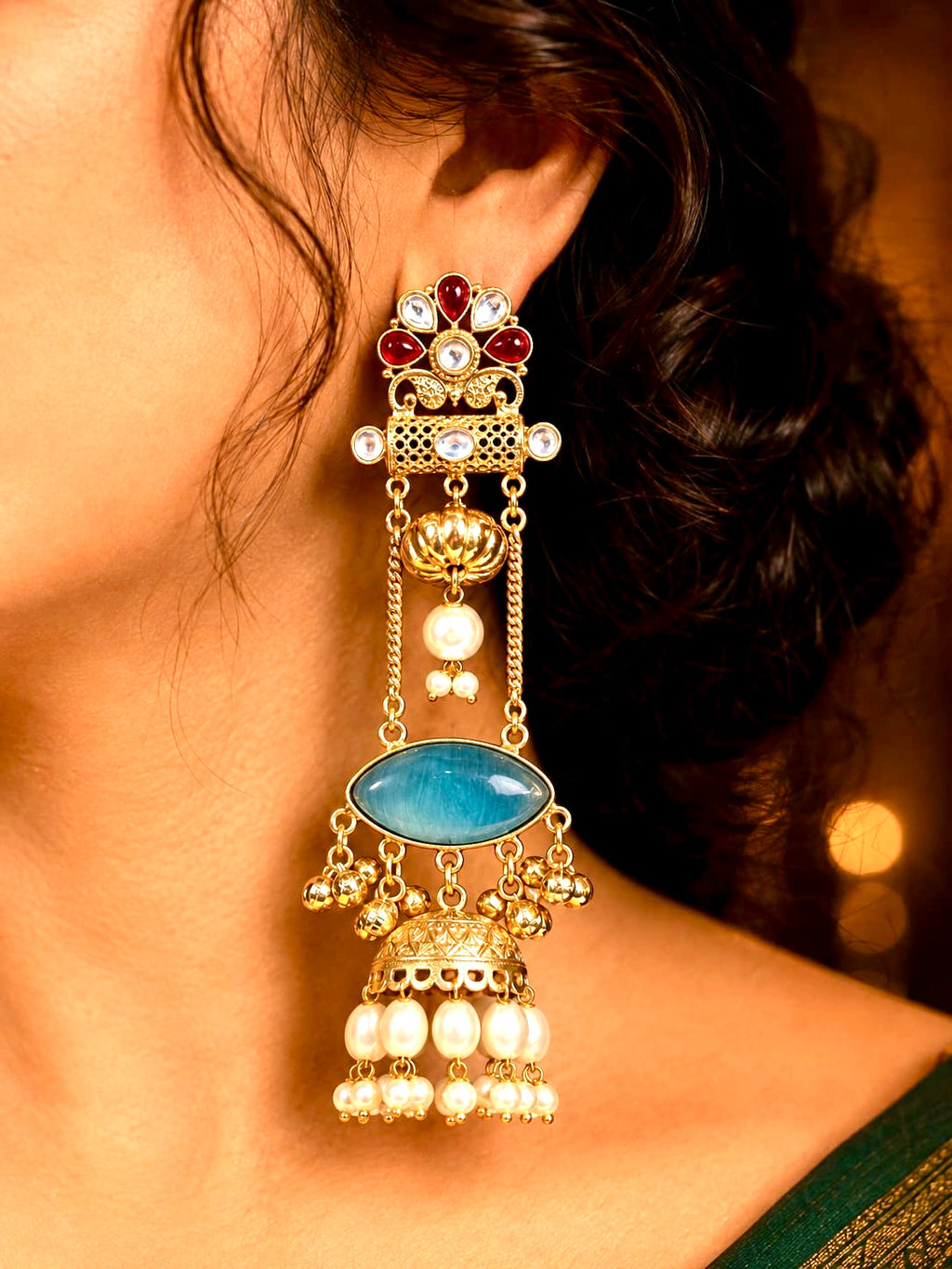 Gold-Plated Kashmiri Long Jhumka Earrings with Monalisa Stone & Pearl Drop Tassels