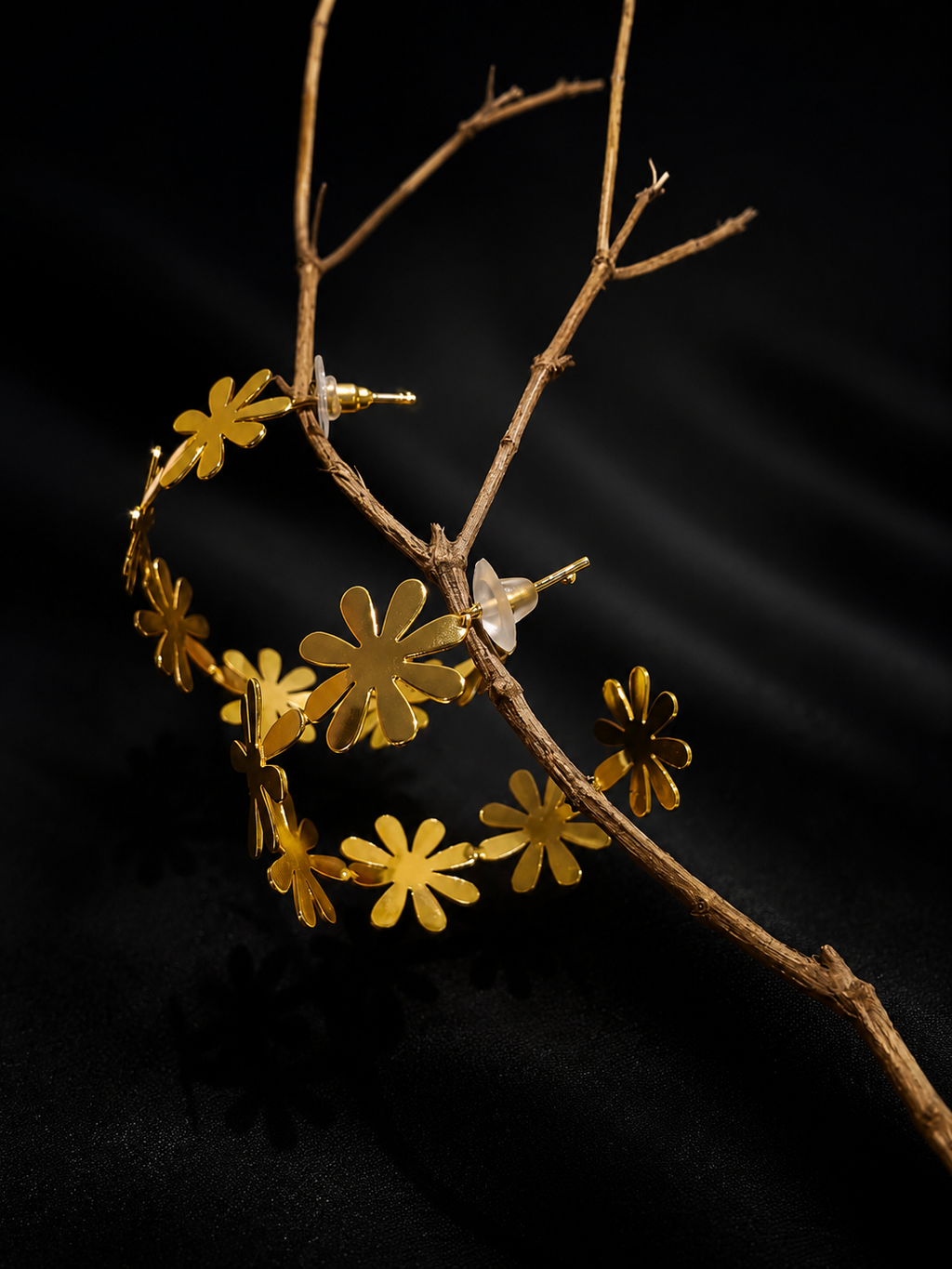 Brass gold-plated floral hoop earrings