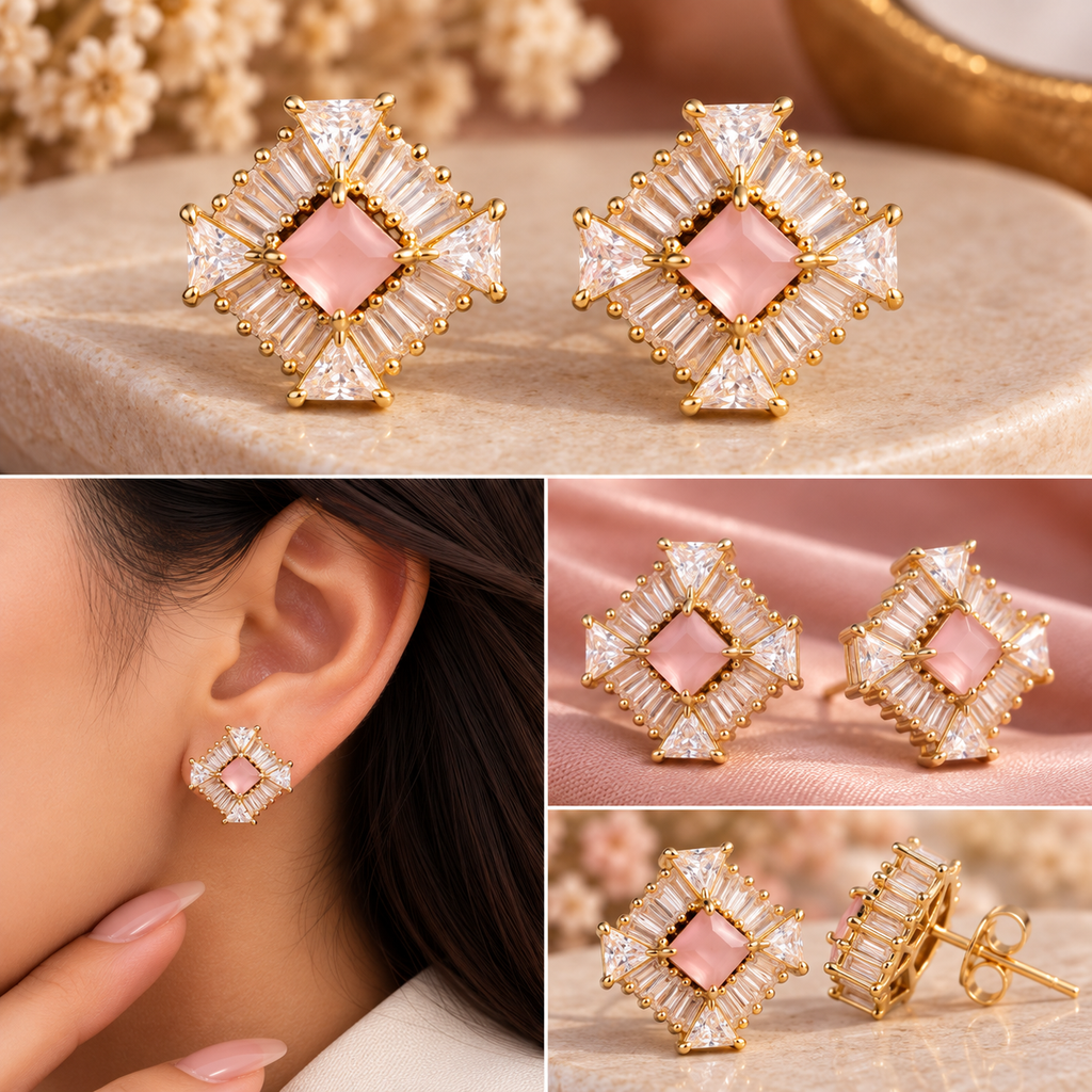 Princess and baguette cut geometric diamond stud earrings