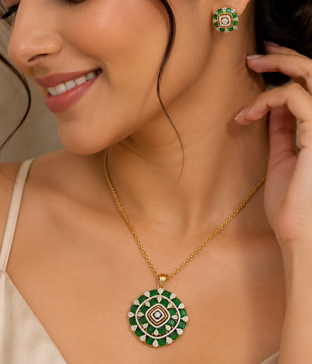 Gold-Plated American Diamond Mandala Pendant Set