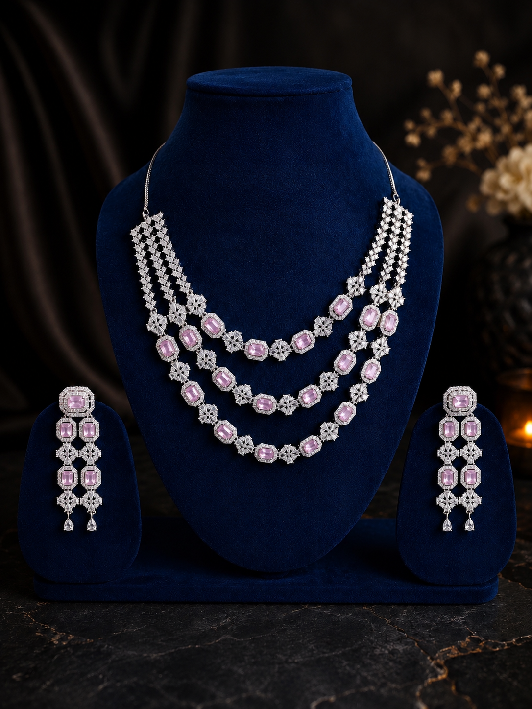 Rhodium-Plated Layered Blue American Diamond Necklace Set