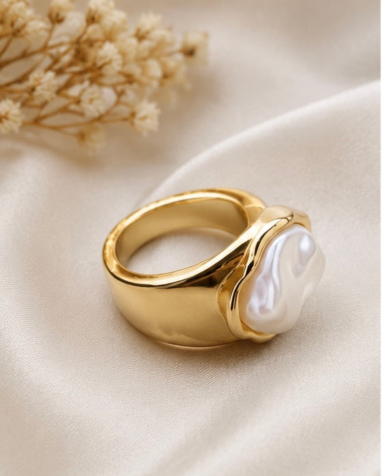 Chunky Baroque Pearl Molten Cocktail Ring