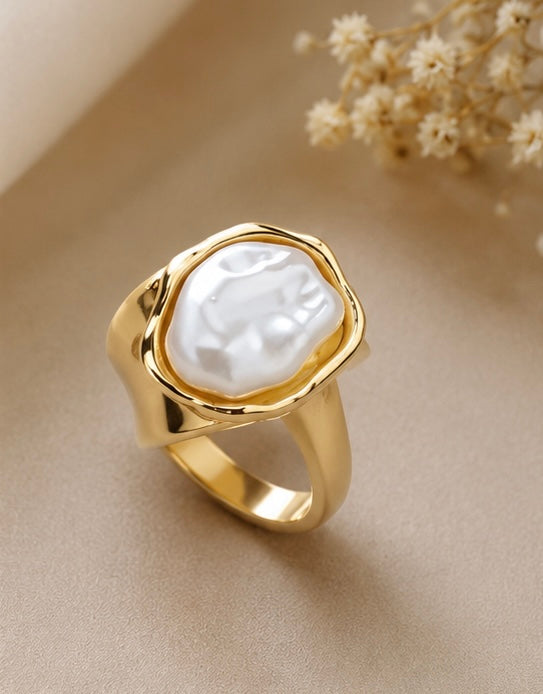 Chunky Baroque Pearl Molten Cocktail Ring