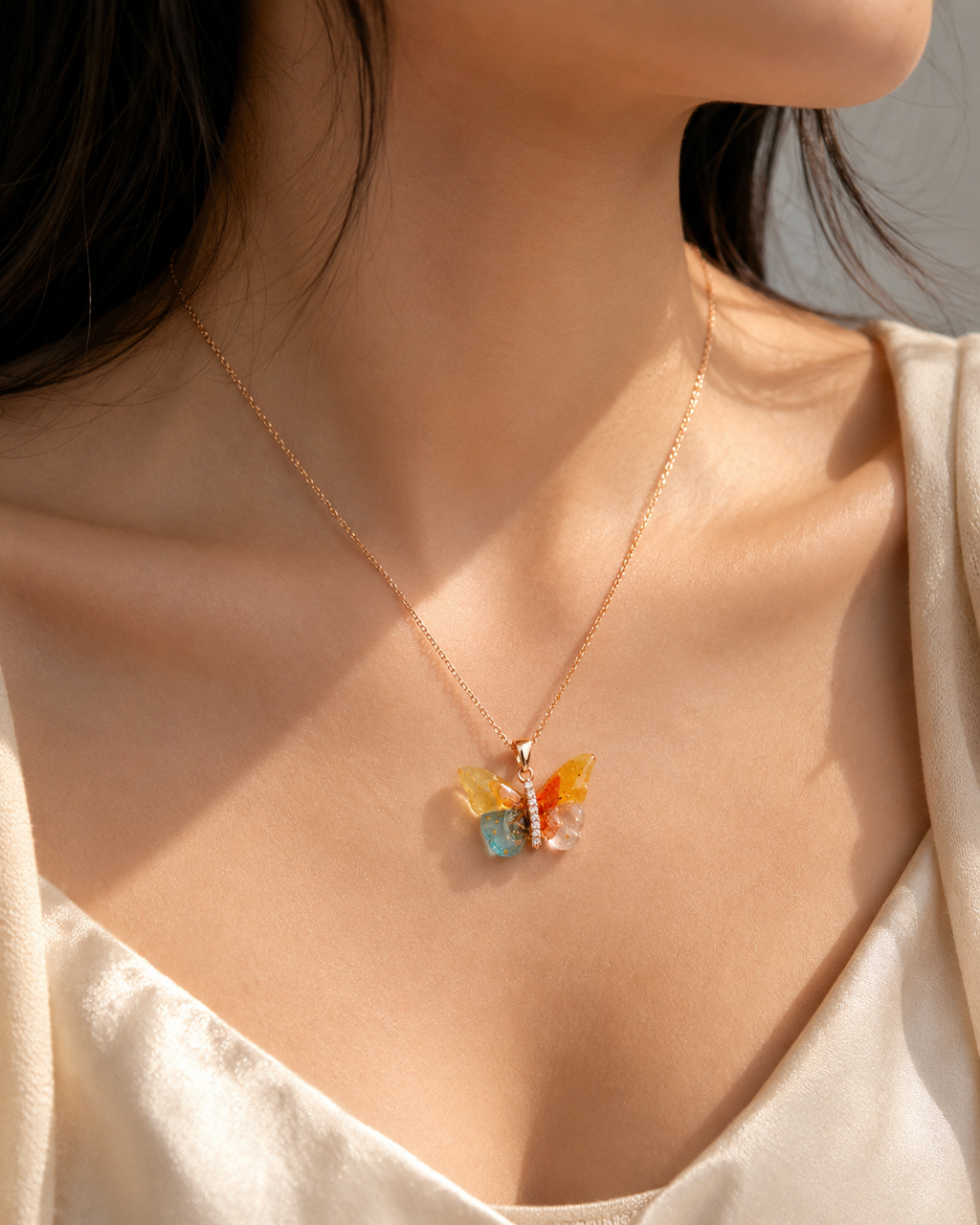 Multicolor Resin Butterfly Pendant Necklace