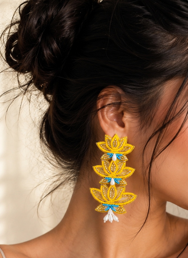 Handmade Three-Tier Beaded Lotus Statement Earrings