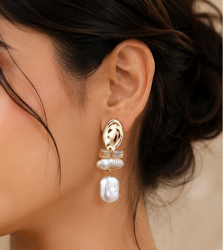 Women's vintage gold abstract baroque pearl statement drop earrings