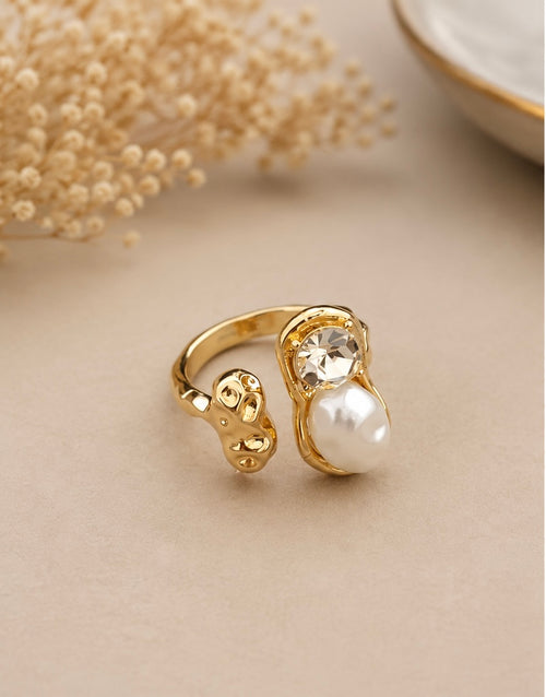 Abstract molten gold crystal and pearl wrap ring