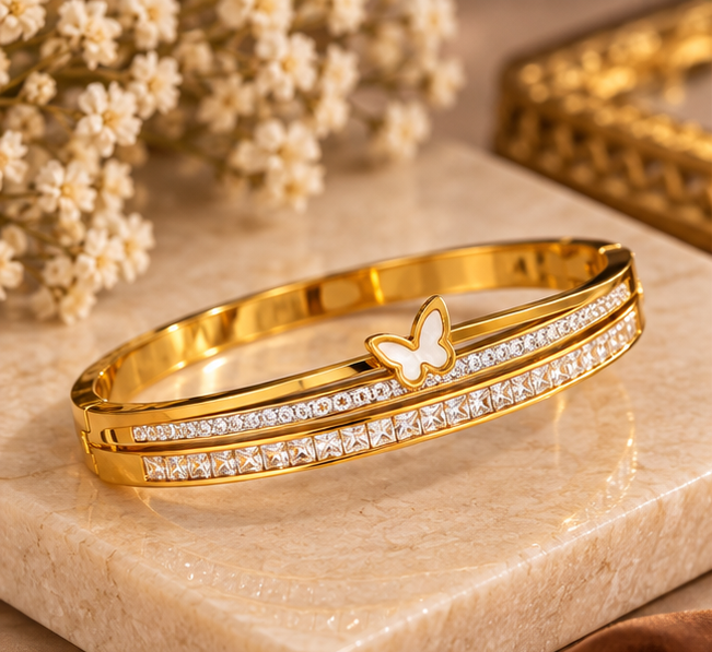 Mother of pearl butterfly layered cz cuff bangle (2.2 size)