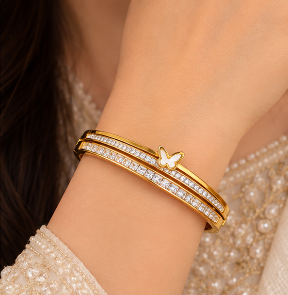 Mother of pearl butterfly layered cz cuff bangle (2.2 size)