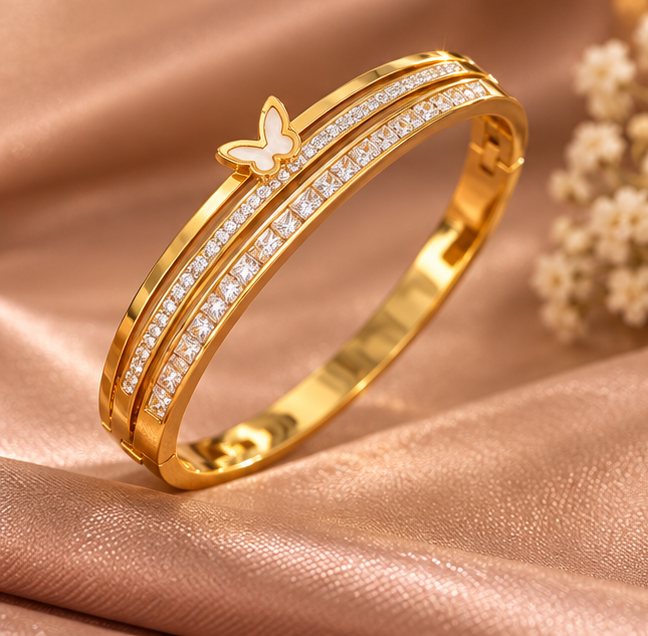 Mother of pearl butterfly layered cz cuff bangle (2.2 size)