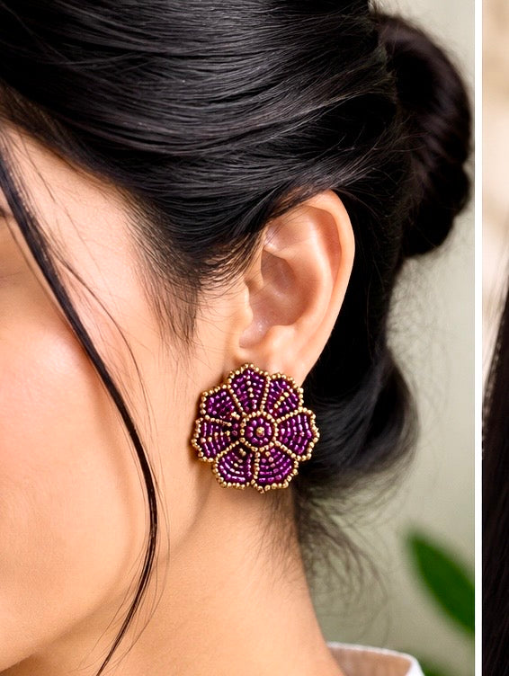 Handcrafted floral beaded stud earrings