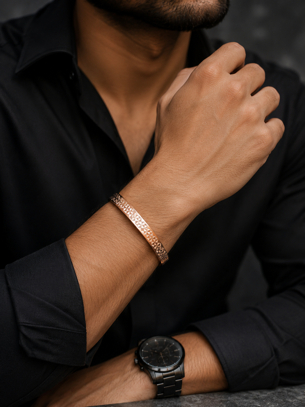 Contemporary silver/golden geometric checkerboard men's bracelet