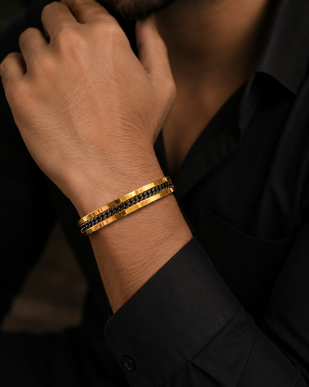 Industrial yellow gold and black curb chain men's bracelet