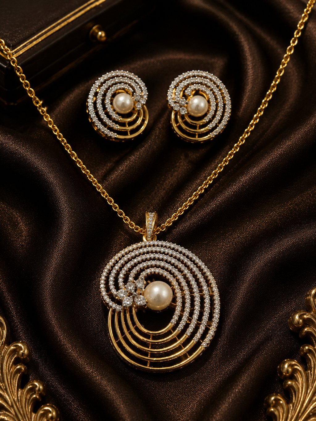 Gold-Plated Spiral Pearl and American Diamond Pendant Set