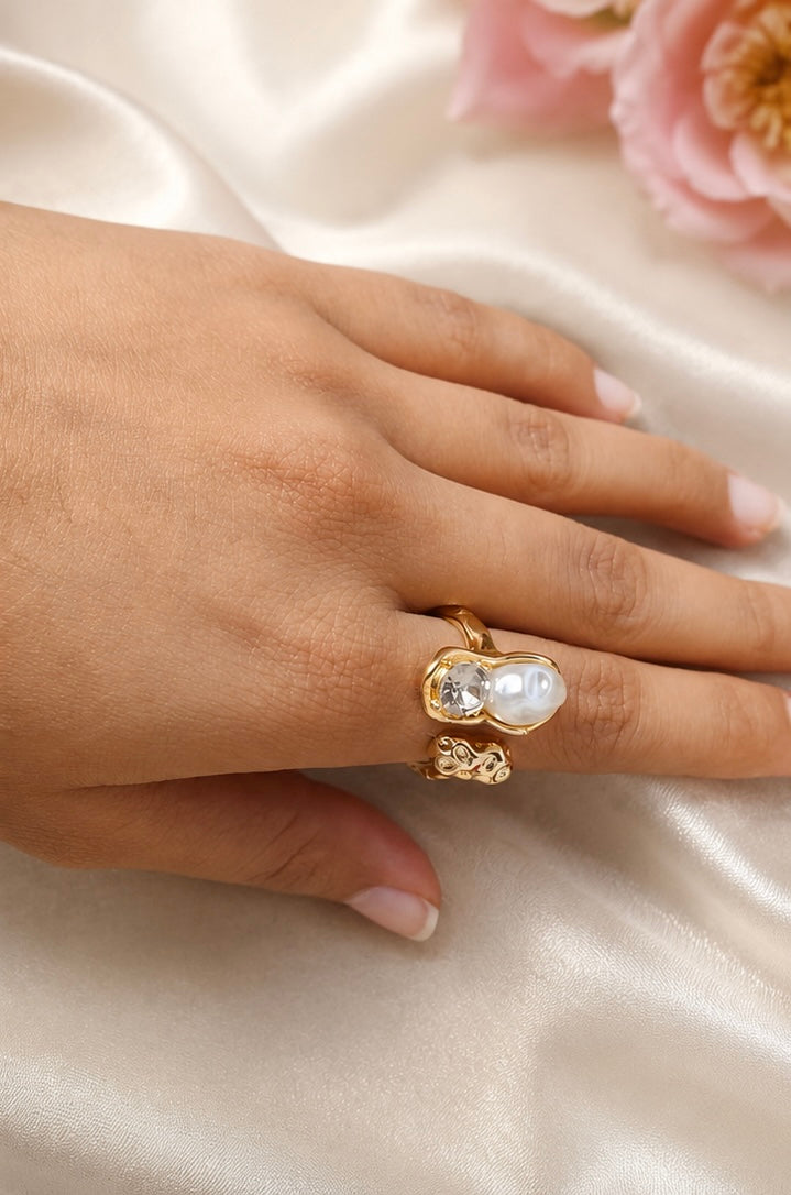 Abstract molten gold crystal and pearl wrap ring