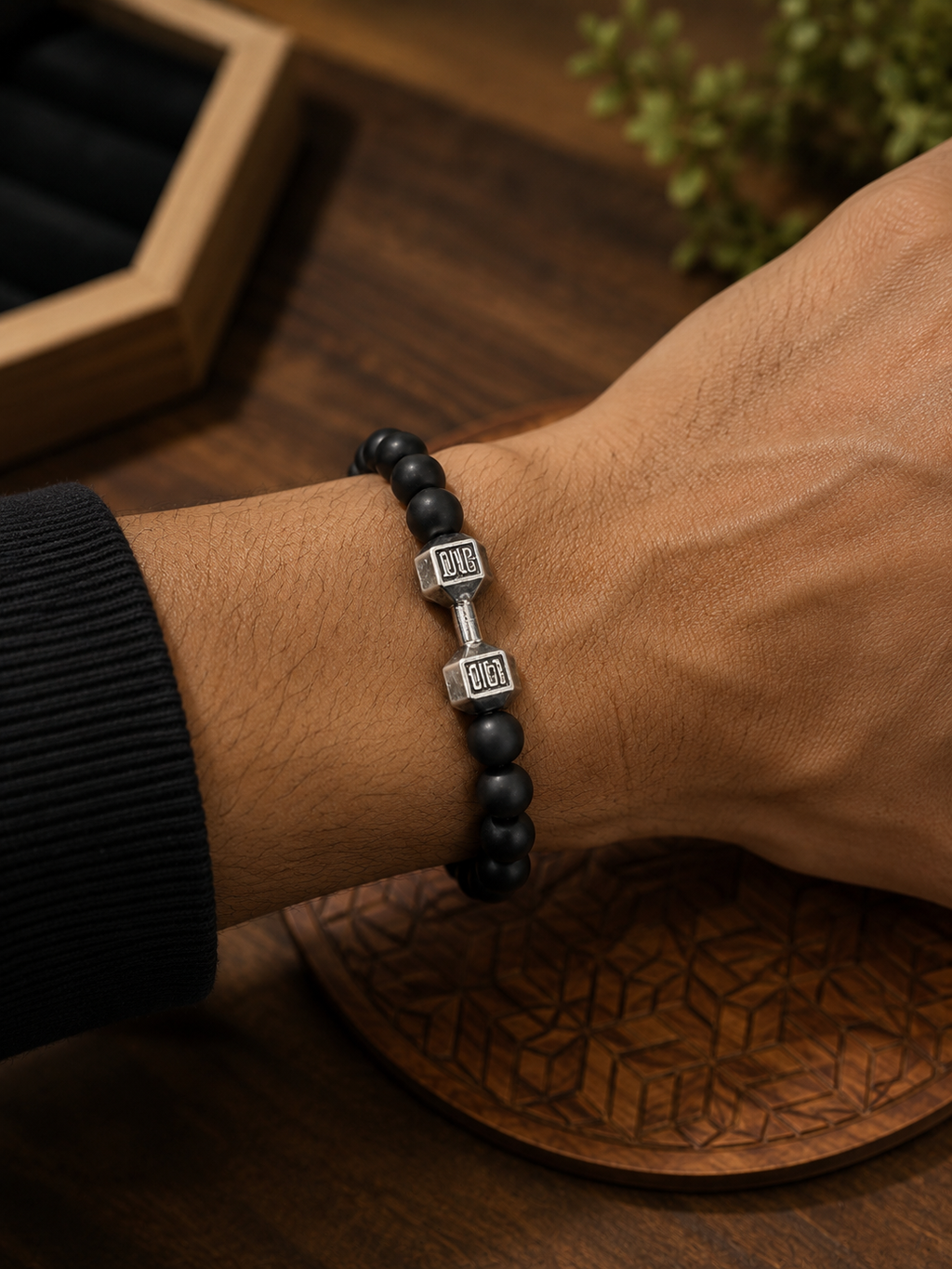 Fitness-themed dumbbell charm beaded bracelet,