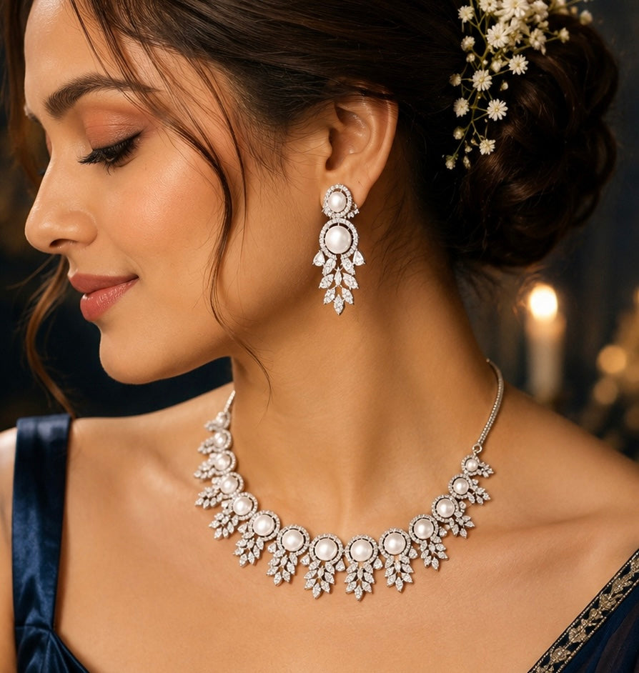 luxurious faux pearl and American diamond necklace set