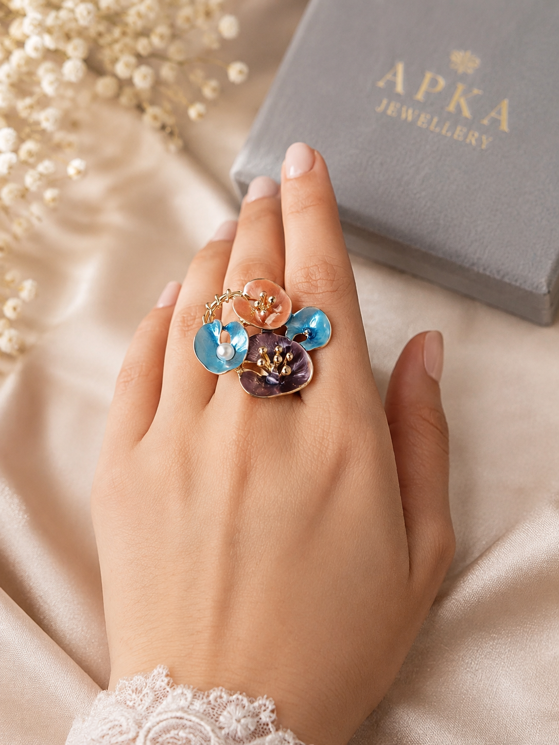 French-vintage style gold enamel wildflower cluster statement ring