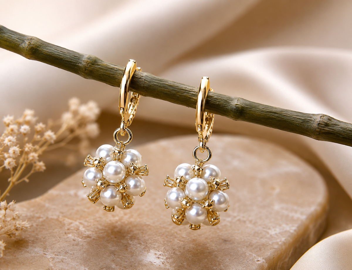 Celestial Pearl Bouquet Gold Huggie Drop Earrings