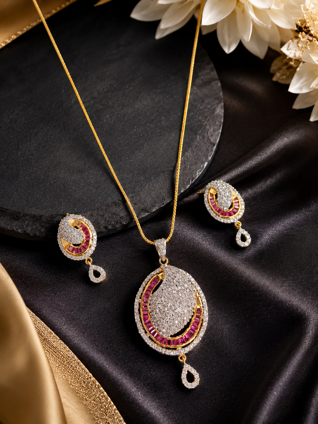 Glamorous Dual-Tone Ruby & American Diamond Pendant Set