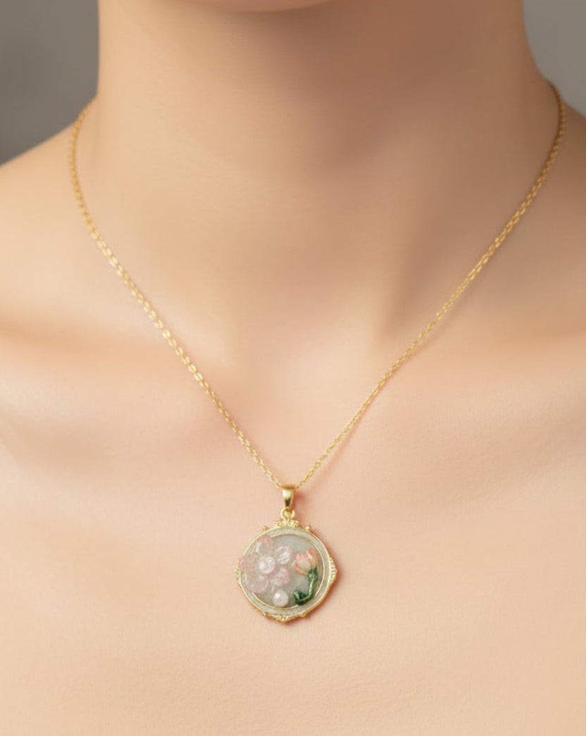 Dainty Enamel Flower & Pearl Token Necklace