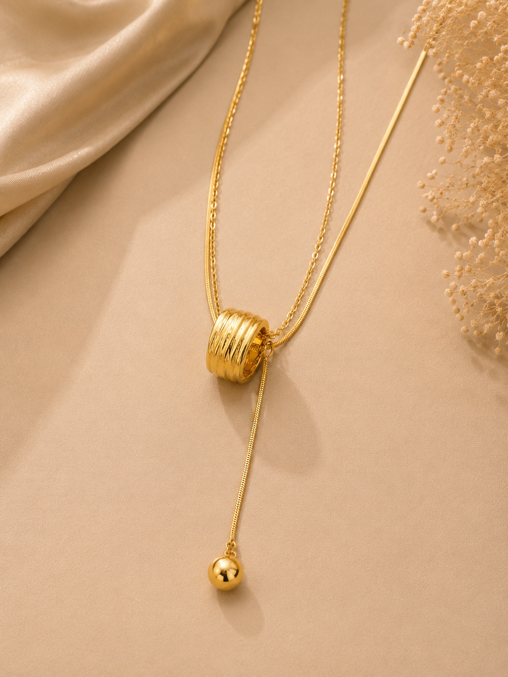 Elegant Dual-Layer Gold Lariat Ball Necklace