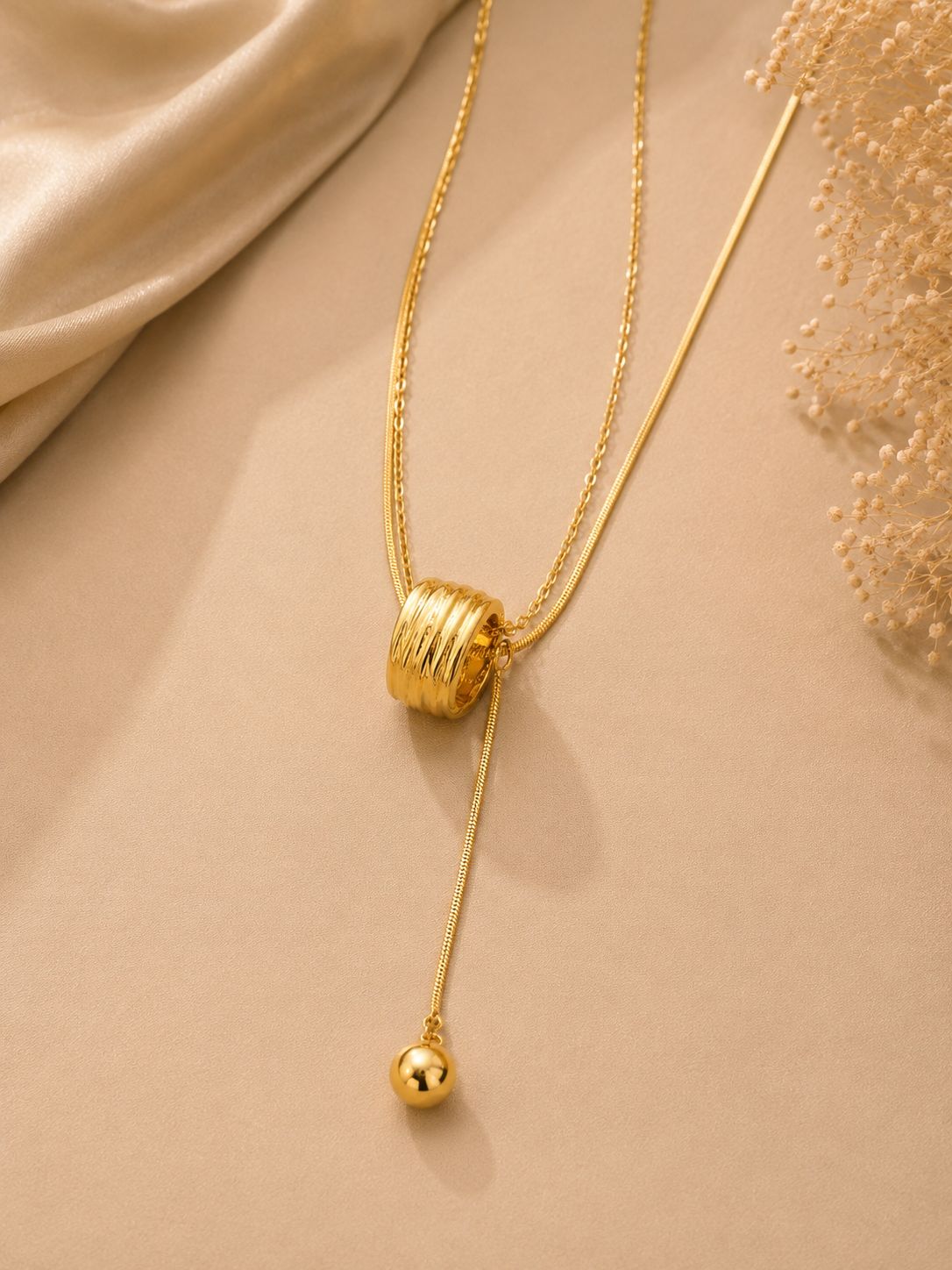 Elegant Dual-Layer Gold Lariat Ball Necklace