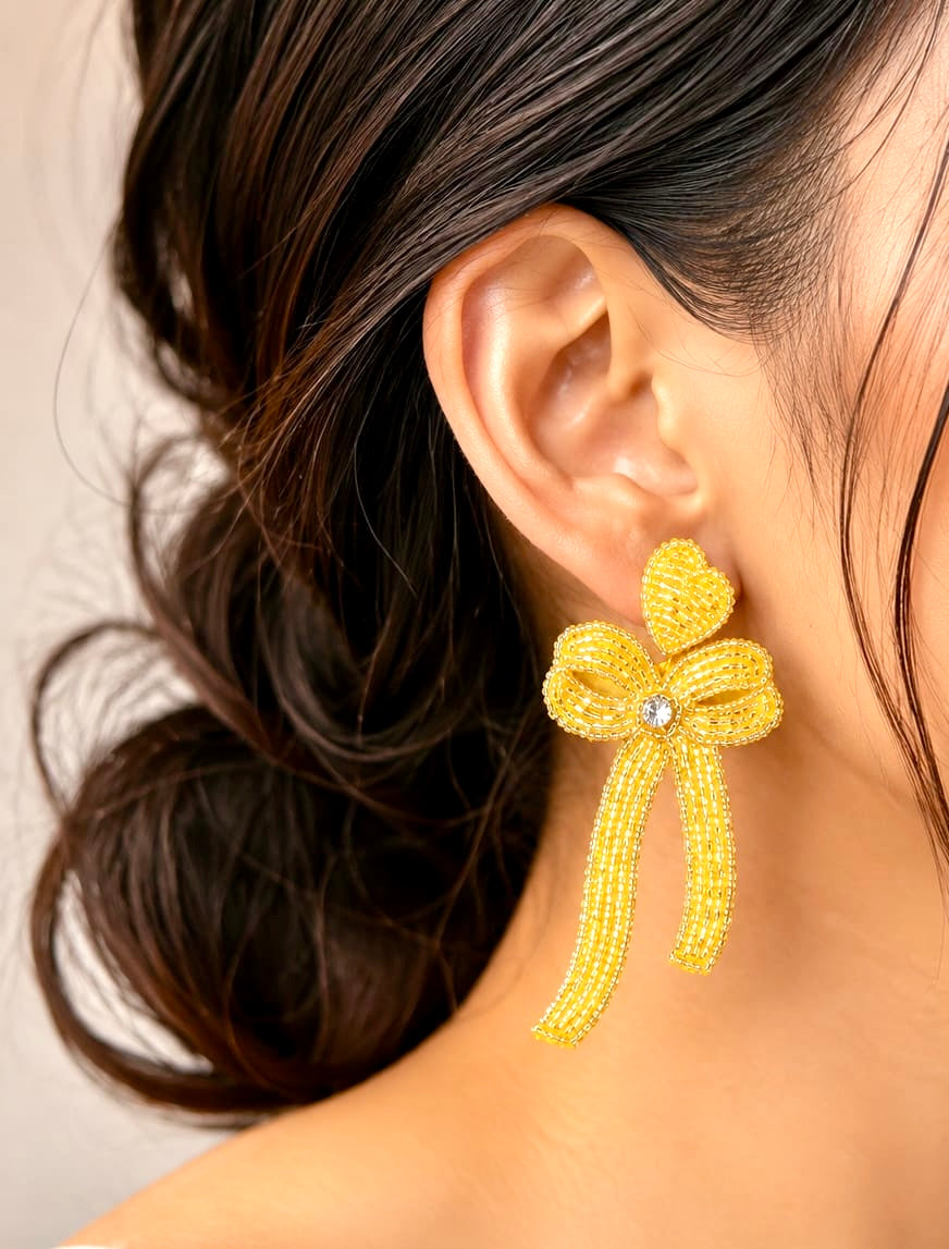 Handcrafted Beaded Bow Statement Dangle Earrings