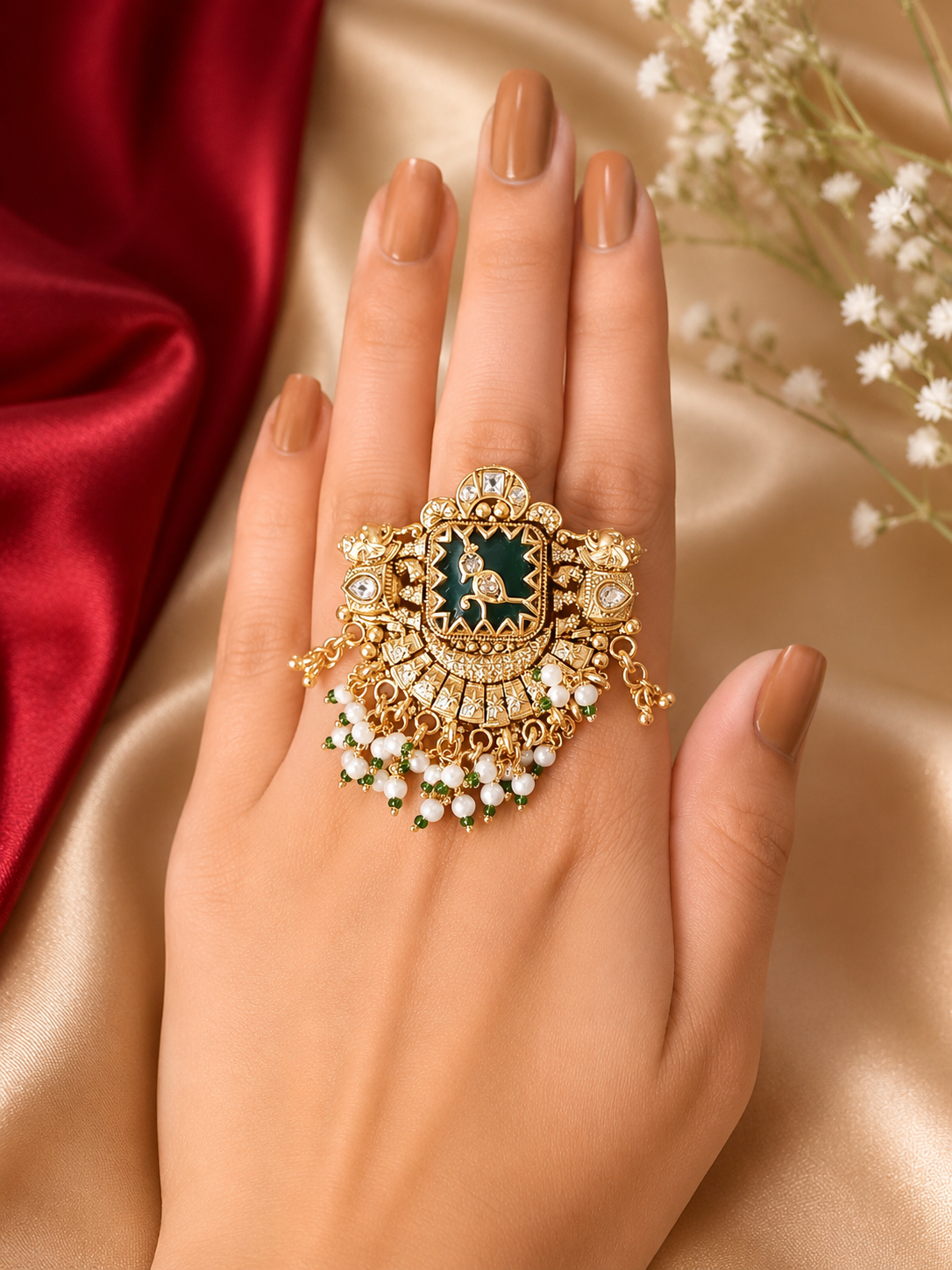 Antique gold-plated Rajwadi peacock narrative cocktail ring