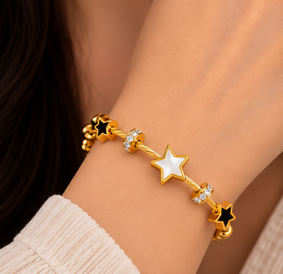 Mother of pearl and black onyx star twisted cable openable bracelet