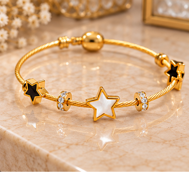 Mother of pearl and black onyx star twisted cable openable bracelet
