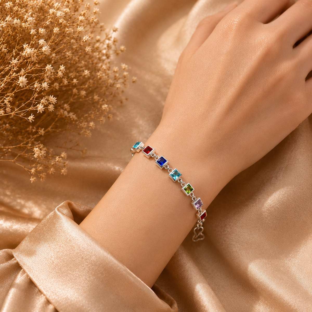 Multicolor square bezel-set crystal silver chain bracelet