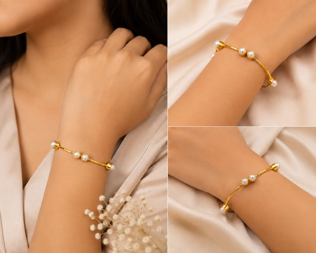 Elegant textured gold interval pearl bangle