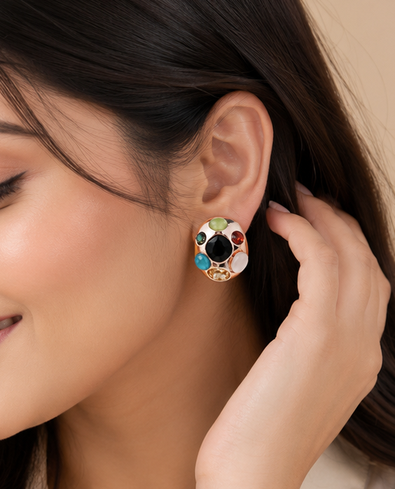 Women's multi-color gemstone mosaic dome stud earrings