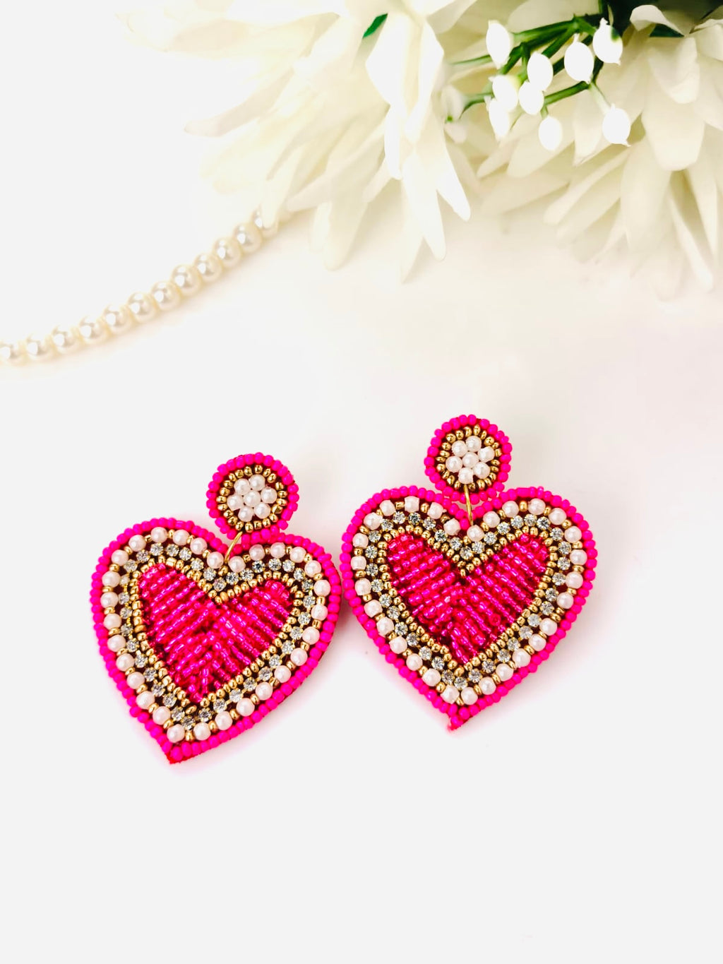 Handmade Beaded Heart Statement Earrings
