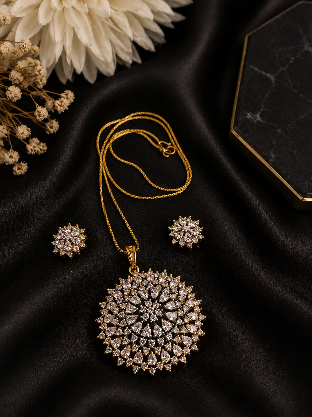 Gold-Plated Sunburst American Diamond Pendant Set